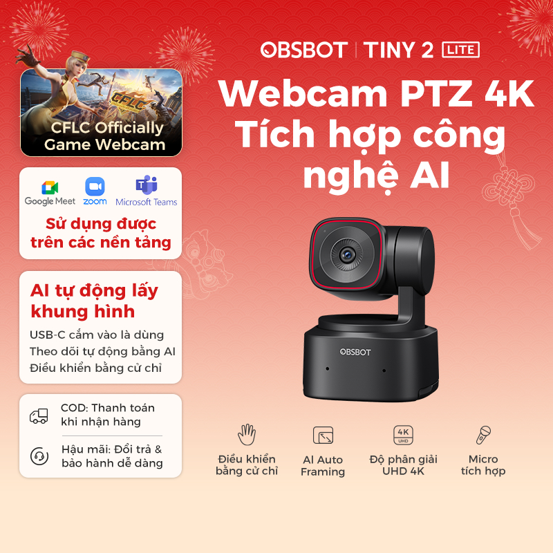 [BẢO HÀNH 1 ĐỔI 1] Camera AI OBSBOT TINY 2 LITE 4K Cho PC, Webcam, 60PFS,Laptop Livestream Với Cảm B