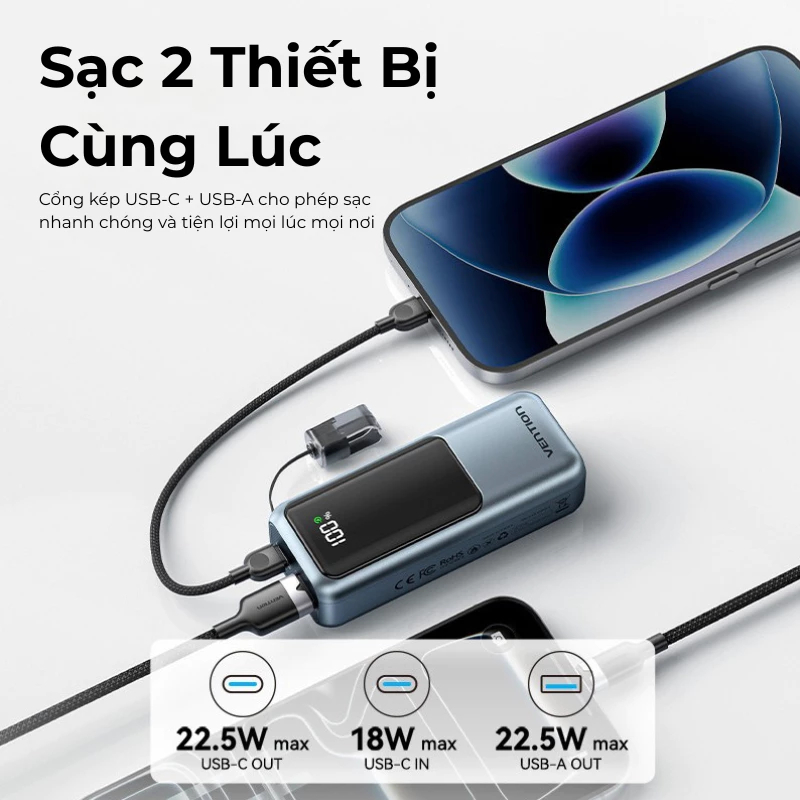 【Hàng mới 2026】Vention Sạc dự phòng 10000mAh có dây đeo và cáp Type-C tích hợp sạc nhanh 22.5W hoàn hảo cho du lịch bảo hành chính hãng Dùng được cho IPhone, Samsung, Xiaomi, Vivo, OPPO. | BigBuy360 - bigbuy360.vn