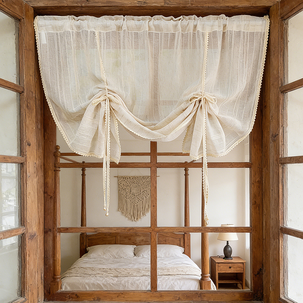 Retro Boho Trung Tính Bán Sheer Buộc Bóng Rèm Với Sọc Dọc esign Cho Nhà Bếp Valance Có Thể Nâng Cao 