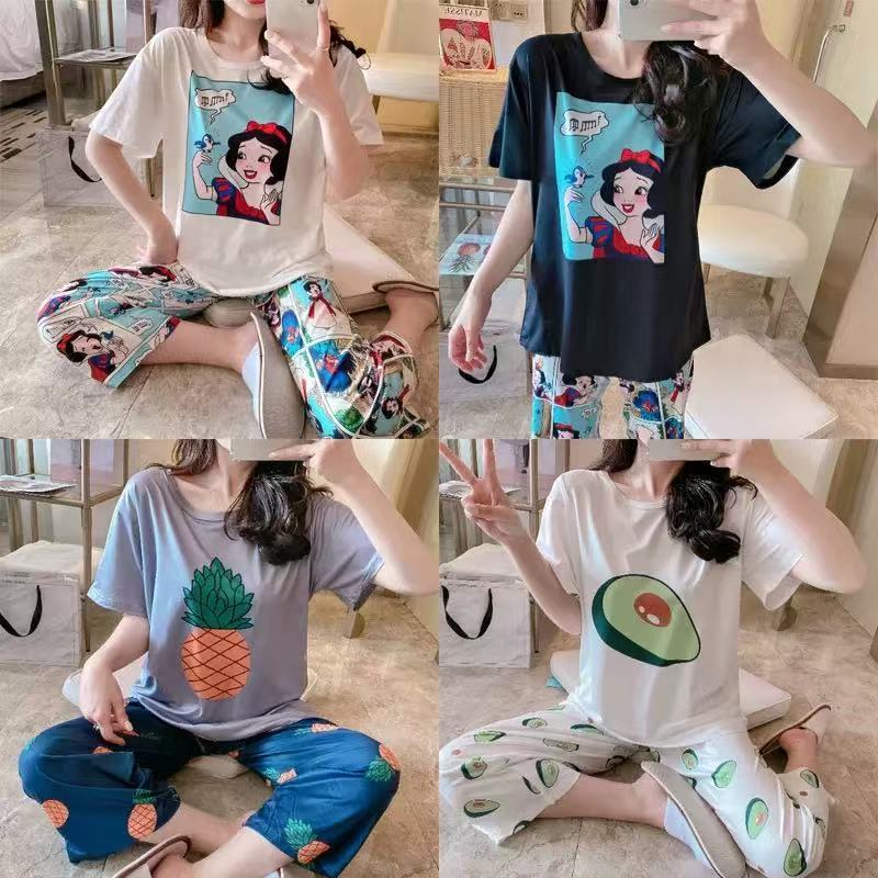 S-3XL Bộ đồ ngủ nữ nâng cao Bộ đồ ngủ Cotton Đồ lót hoạt hình Đồ ngủ ngắn tay Bộ đồ ngủ quần dài Bộ 