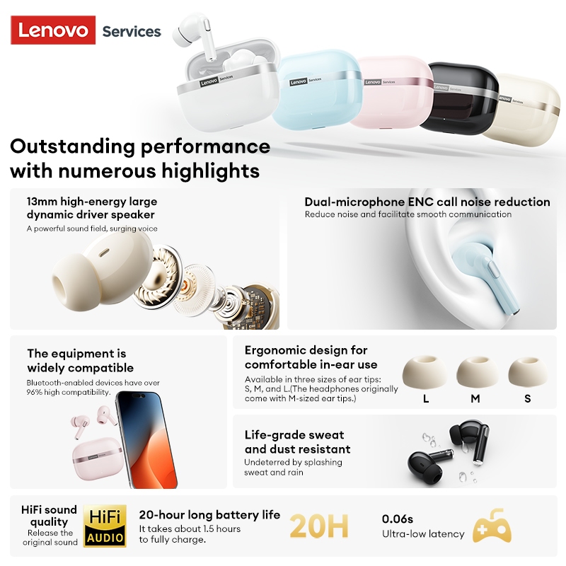 Tai nghe Bluetooth Lenovo LE238 và Tai nghe không dây có Bluetooth V6.0 và ENC Giảm tiếng ồn cộng với Trình điều khiển HiFi 13mm | BigBuy360 - bigbuy360.vn