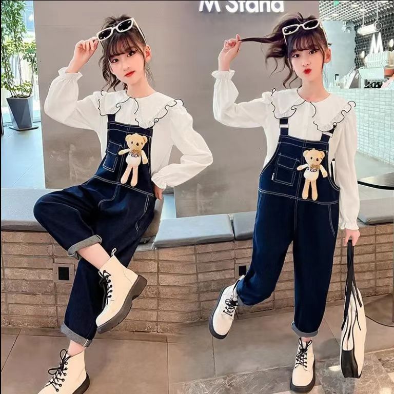 Bộ Áo Sơ Mi Phối Quần Yếm Denim Thời Trang Mới 2023 Cho Bé Gái 5-6 - 7-8 - 9-10 - 11-12 - 13-14 Tuổi