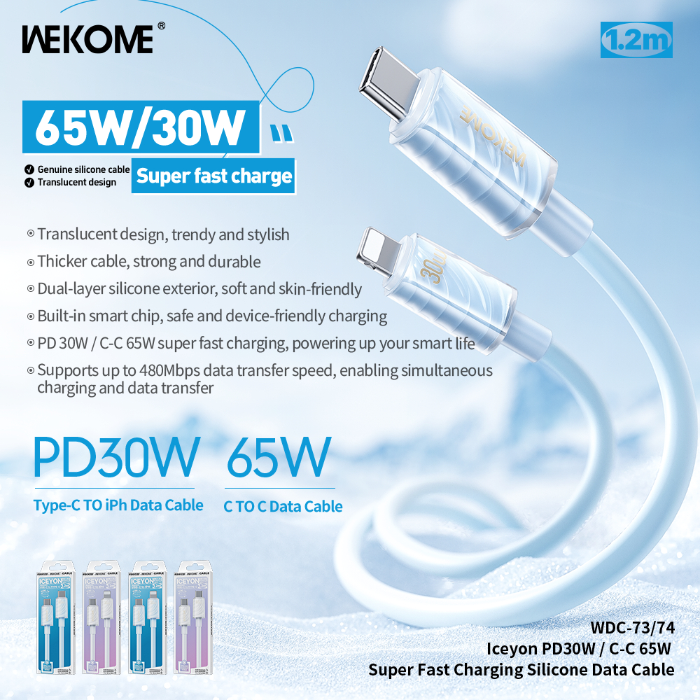 Cáp sạc dòng băng WEKOME, Sạc siêu nhanh 35W / 65W, Cáp dữ liệu silicon