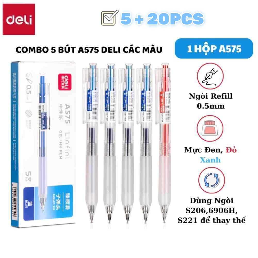 Combo Hộp 5 Bút A575/Deli Mực Gel 0.5mm Ngòi Refill/ST Ruột Bút Thay Thế Các Loại