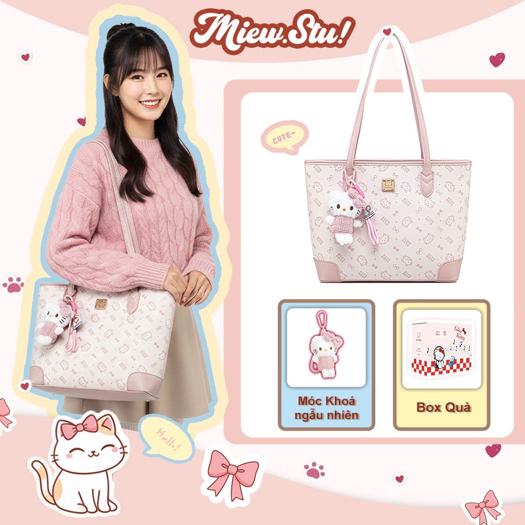 Miew. stu Túi Tote Nữ GLEE KITTY Họa Tiết Kitty, Size Lớn, Đựng Vừa Laptop, Túi Xách Phong Cách Dễ T