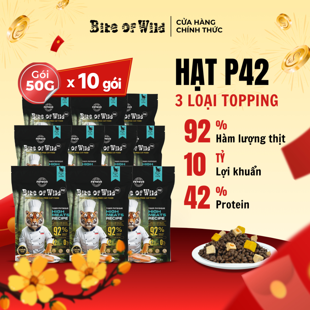 Thức ăn cho mèo Bite Of Wild P42 combo 3, 4, 5 & 10 gói 50G, không chứa ngũ cốc cho mèo mọi lứa tuổi