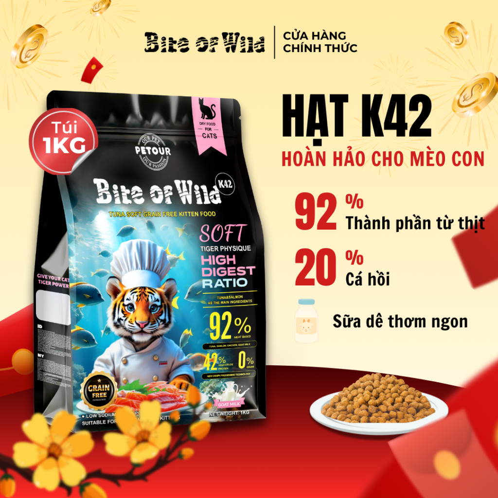 Thức ăn cho mèo Bite Of Wild K42 gói 1KG vị cá ngừ không chứa ngũ cốc công thức sữa dê cho mèo con
