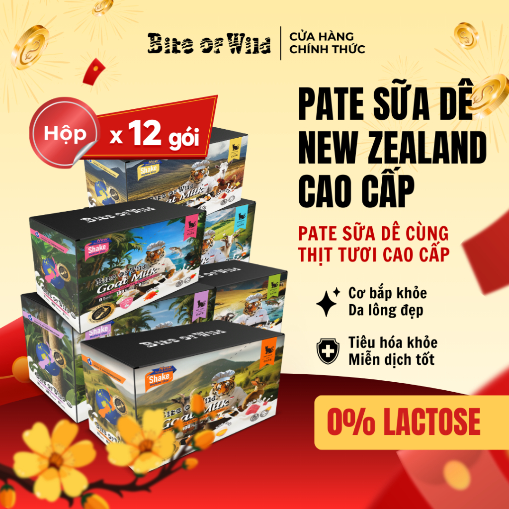 [MỚI] Pate Cao Cấp Bite of Wild Hộp 12 Gói 70G Công Thức Sữa Dê Mix Cá Ngừ, Cá Hồi Và Gà Bổ Sung Dinh Dưỡng