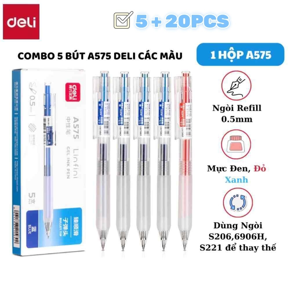 Deli Bút bi nước bút gel bút mực bấm văn phòng Deli mực đen ngòi 0.5mm học sinh mực đều A575 - có ru