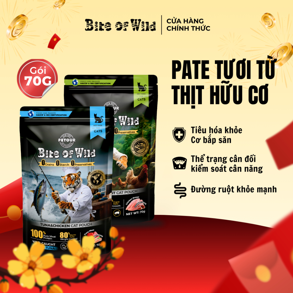 Pate Cao Cấp Bite of Wild Gói 70G Công Thức Cá Ngừ, Ức Gà, Phát Triển Cơ Bắp Và Sức Khỏe Tổng Thể