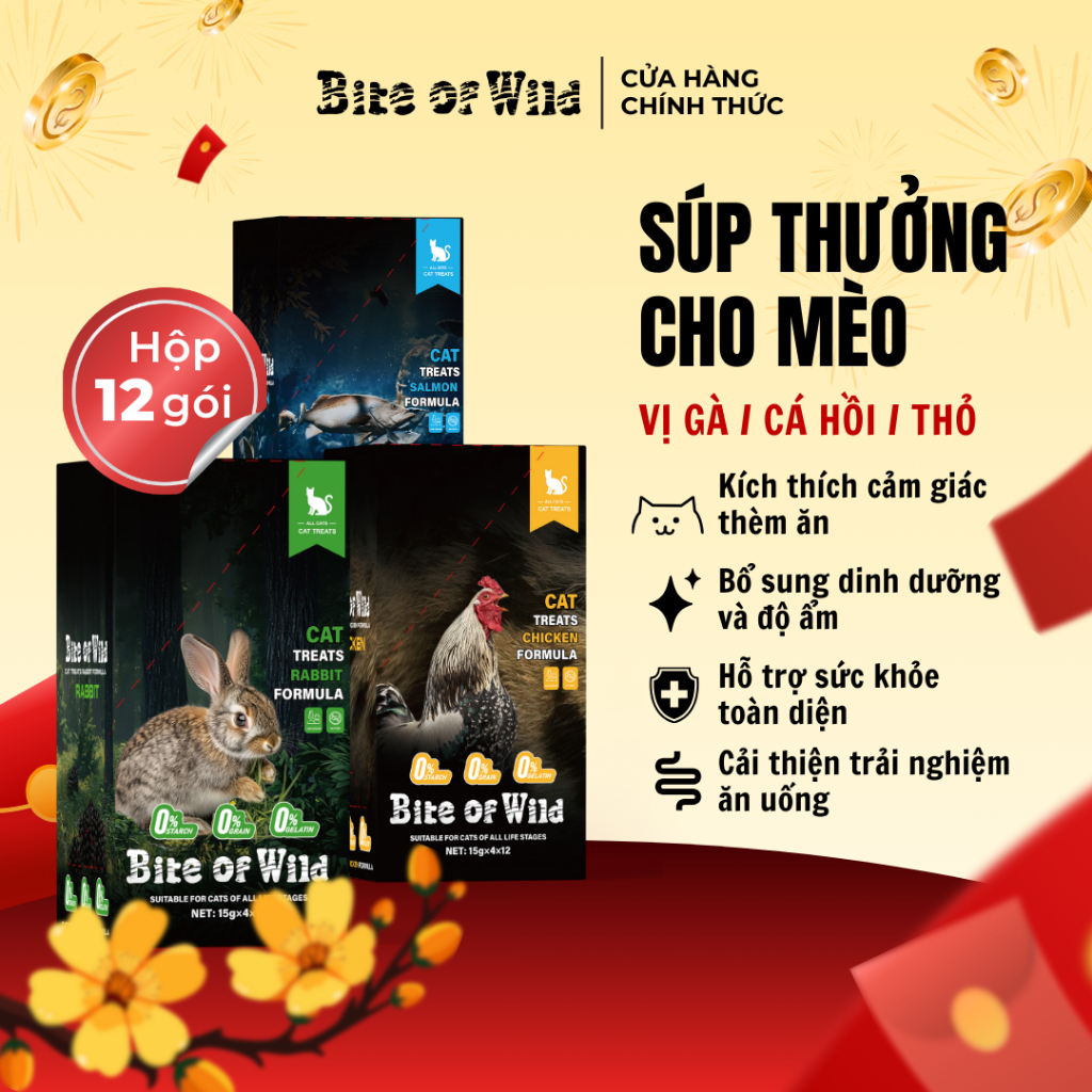 Súp Thưởng Cho Mèo Bite Of Wild Combo 6, 12, 25 Gói Không Gelatin, Ít Béo, Dùng Cho Mèo Mọi Lứa Tuổi