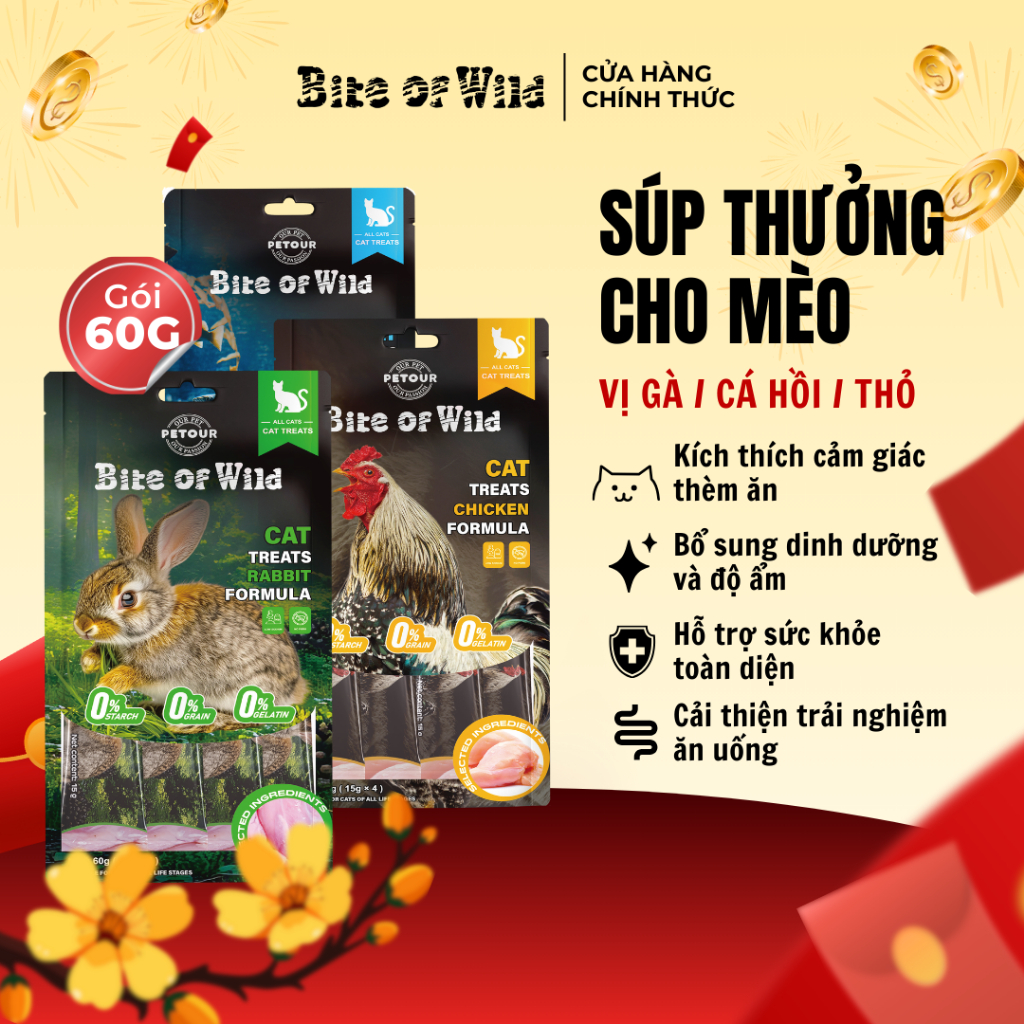 Súp thưởng cho mèo Bite Of Wild gói 60g (4 thanh 15g) hương vị gà và cá hồi