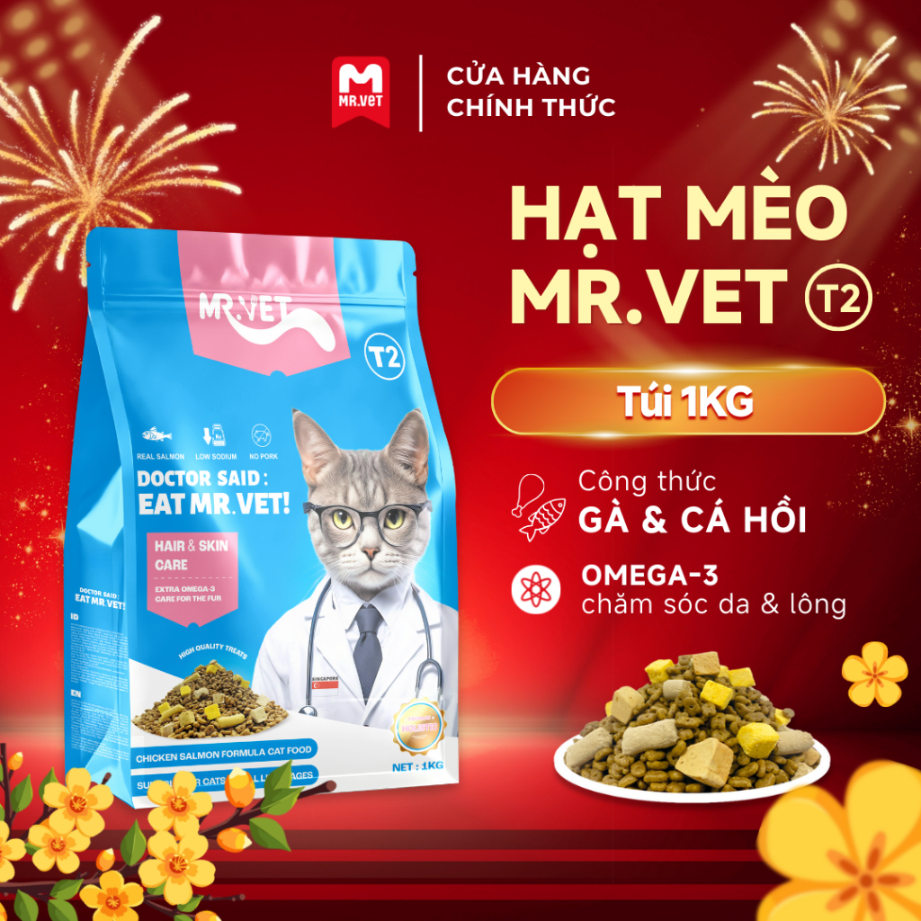 Hạt Cho Mèo MRVET T2 Gói 1KG, 30% Protein Từ Gà, Cá Hồi, Giúp Dưỡng Da, Mượt Lông, Sáng Mắt