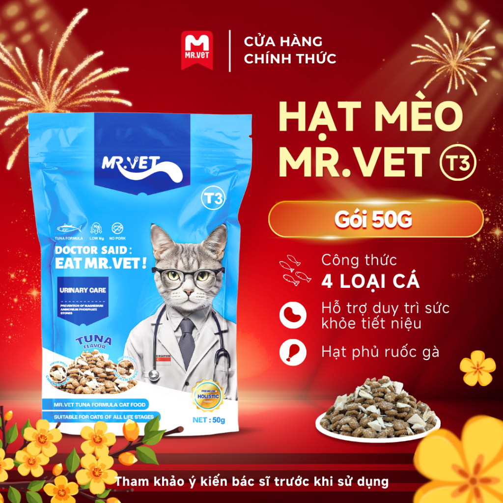 Thức ăn cho mèo hạt MRVET T3 toàn diện Túi 50g với 4 loại cá: cá ngừ, Cá thu, Cá bonito, cá cơm