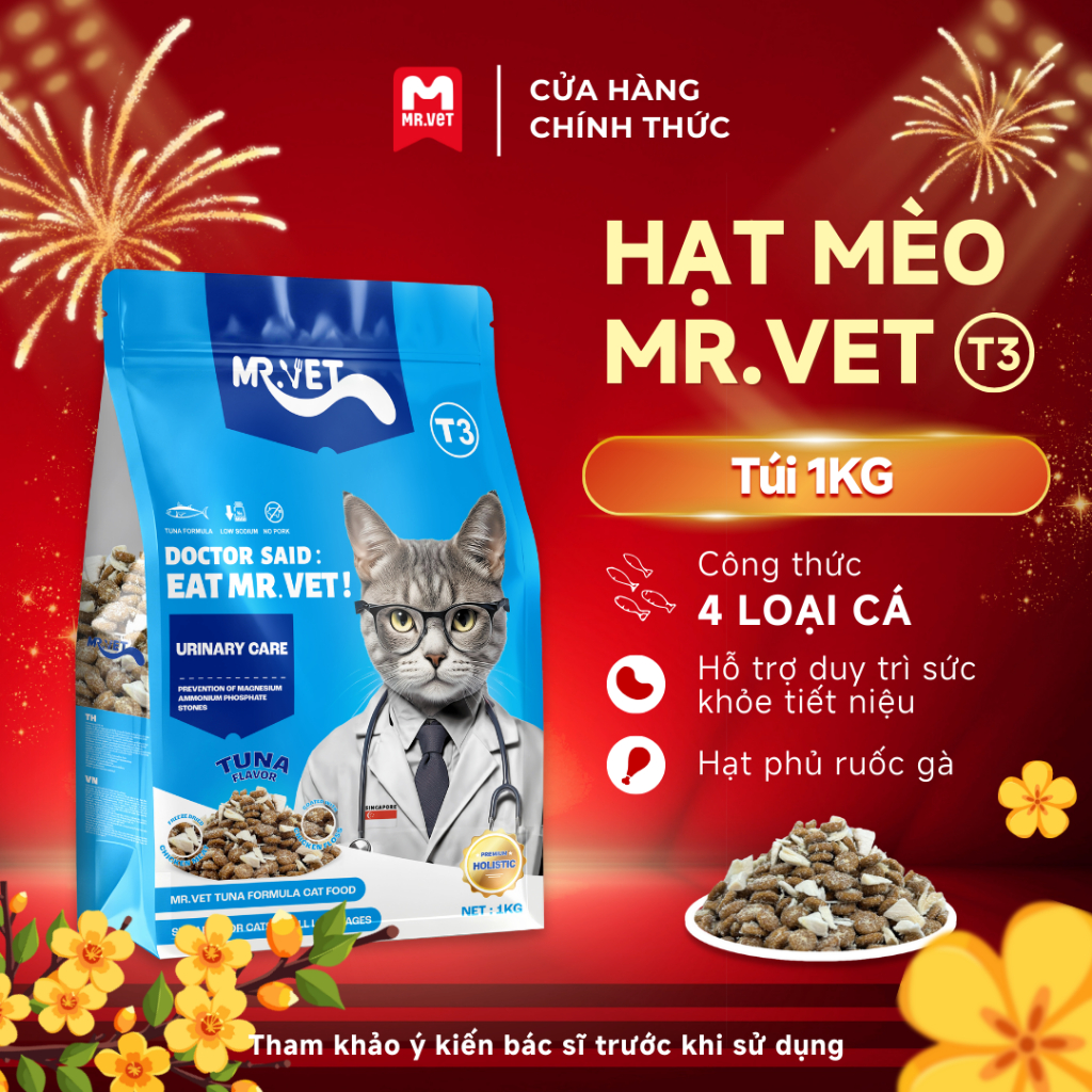Thức ăn cho mèo MRVET mới toàn diện T3 gói 1KG với 4 loại cá: ngừ, Cá thu, Cá bonito, cá cơm