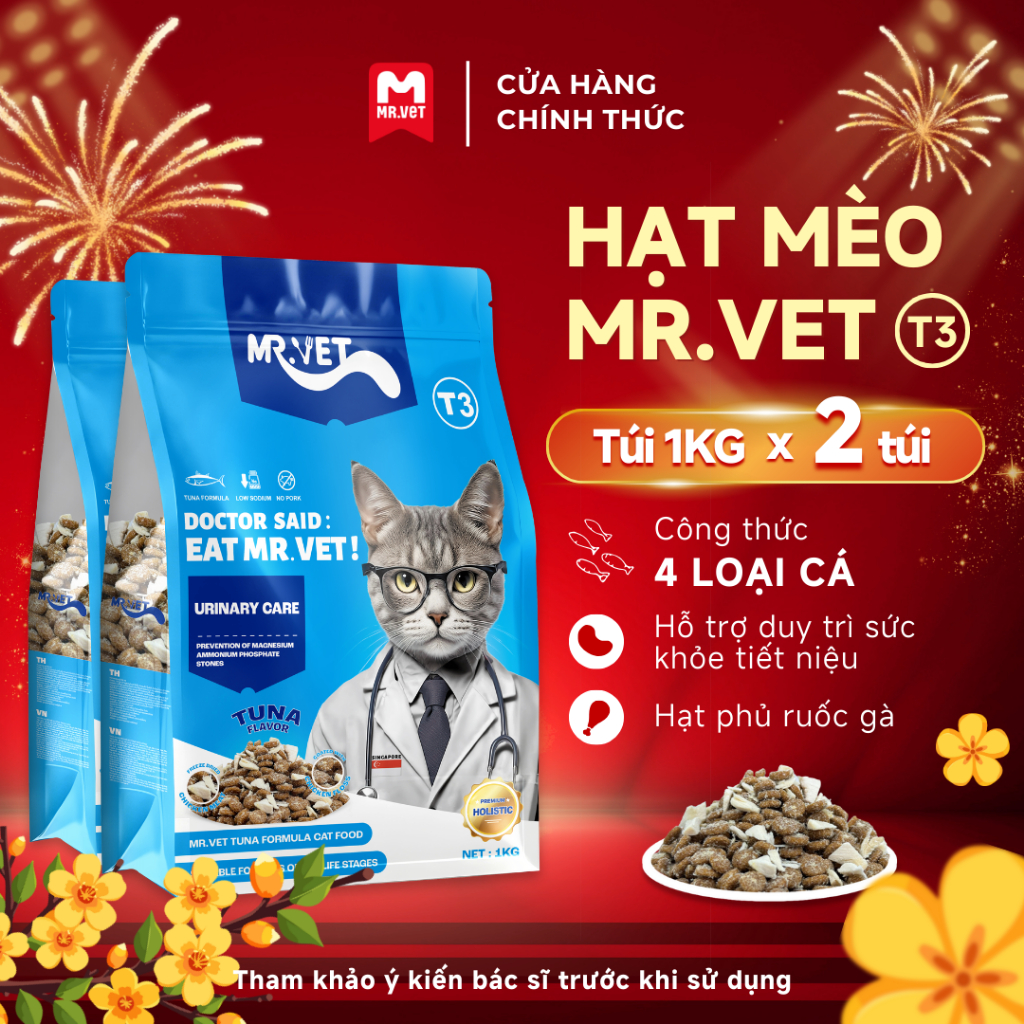 Thức ăn cho mèo MRVET mới T3 toàn diện combo 2 gói 1KG với 4 loại cá: ngừ, Cá thu, Cá bonito, cá cơm