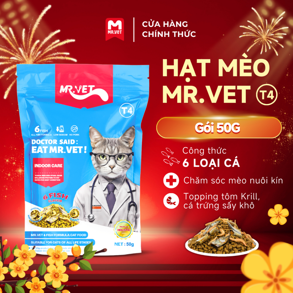 Thức ăn cho mèo MRVET T4 gói 50G giảm mùi hôi chất thải chăm sóc mèo nuôi trong nhà, chứa 6 loại cá