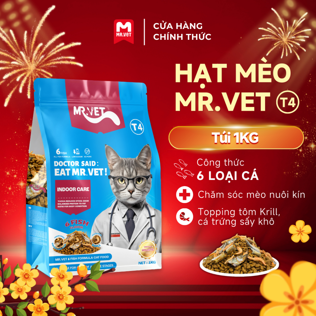 Thức ăn cho mèo Mr.Vet T4 mới 1kg Công thức 6 loại cá Cá ngừ, Cá hồi, Cá Bonito, Cá trứng sấy,...