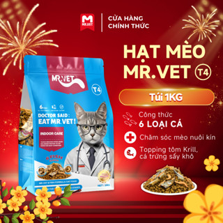 Thức ăn cho mèo Mr.Vet T4 mới 1kg Công thức 6 loại cá Cá ngừ, Cá hồi, Cá Bonito, Cá trứng sấy,...