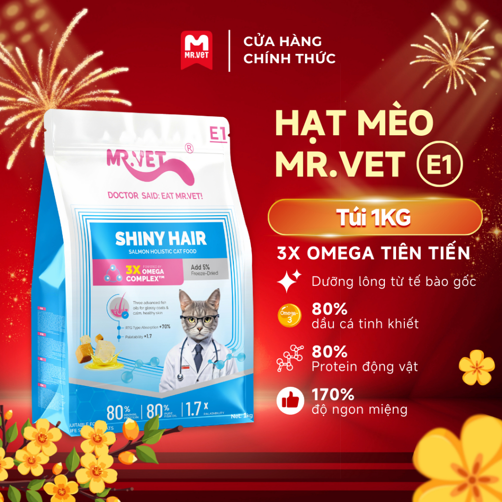 [MỚI] Hạt Cho Mèo MRVET E1 Gói 1KG Dưỡng Lông Chuyên Sâu Từ Dầu Cá Tinh Khiết, 80% Đạm Động Vật