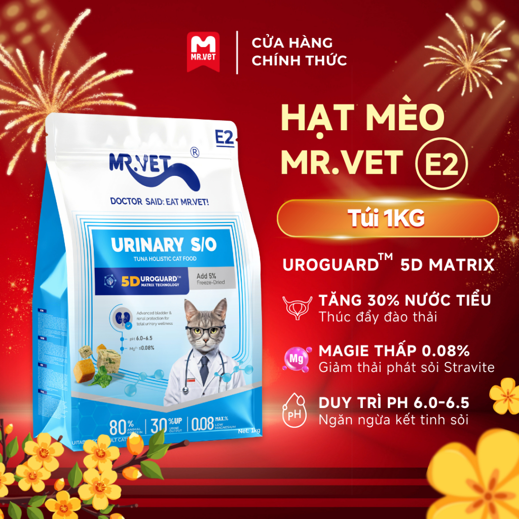 [MỚI] Hạt Cho Mèo MRVET E2 Gói 1KG Chăm Sóc Tiết Niệu Đa Chiều, 80% Đạm Động Vật Cao Cấp