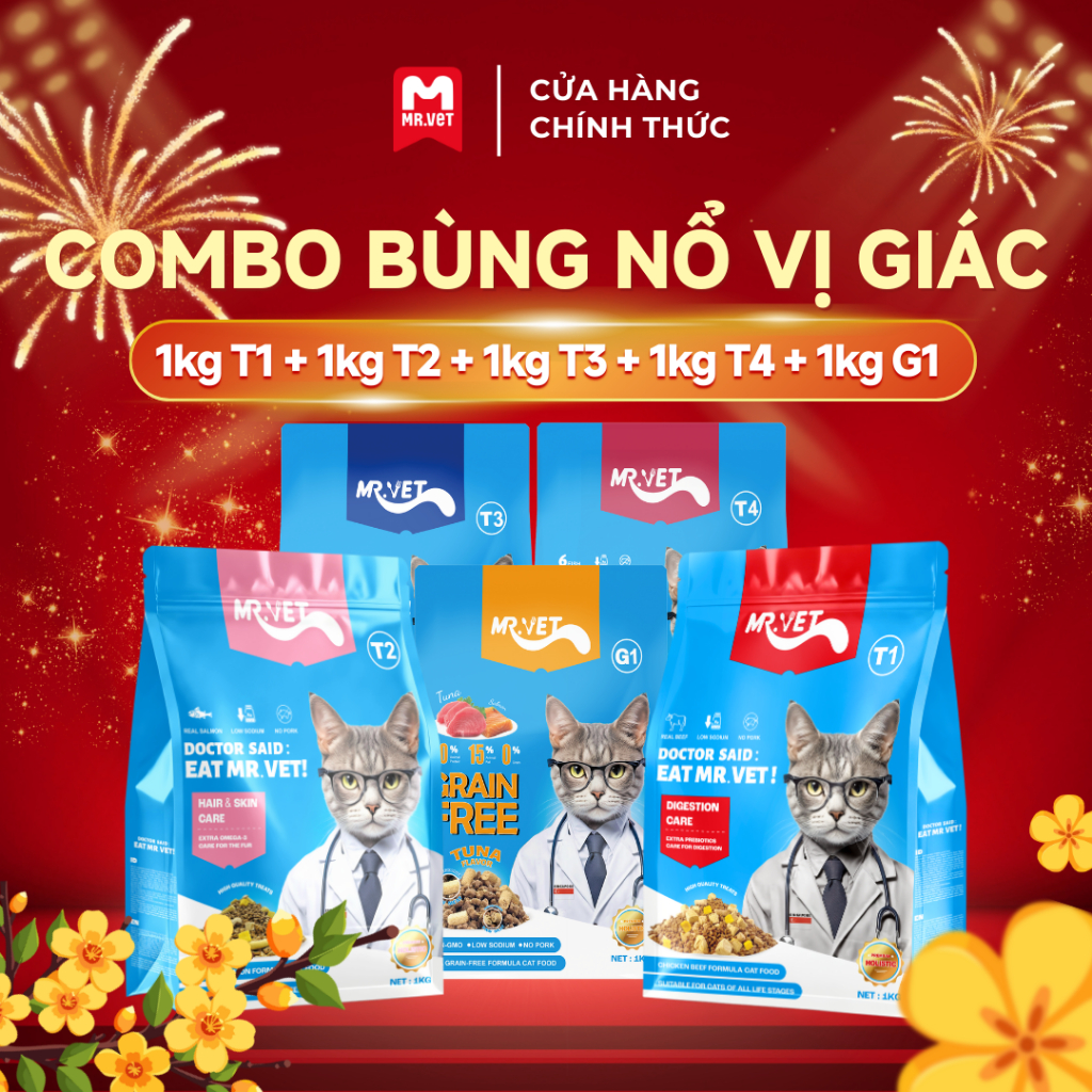 Thức ăn cho mèo Mrvet COMBO BÙNG NỔ VỊ GIÁC G1 + T1 + T2 + T3 + T4 Gói 1KG cho mèo mọi lứa tuổi