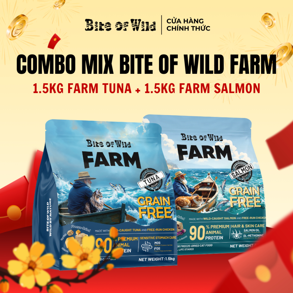 Combo Mix 2 Hạt Mèo Bite Of Wild Gói 1.5KG Cá Hồi, Cá Ngừ, 90% Cá Na Uy, Gà Nuôi Thả, 6 Loại Chất Xơ