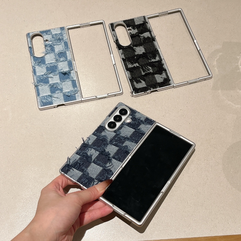 Ốp Lưng Cho Samsung Galaxy Z FOLD 7 6 5 4 3 FOLD7 FOLD6 FOLD5 Ốp lưng Lưới Họa Tiết Denim Bạc Ốp Lưn