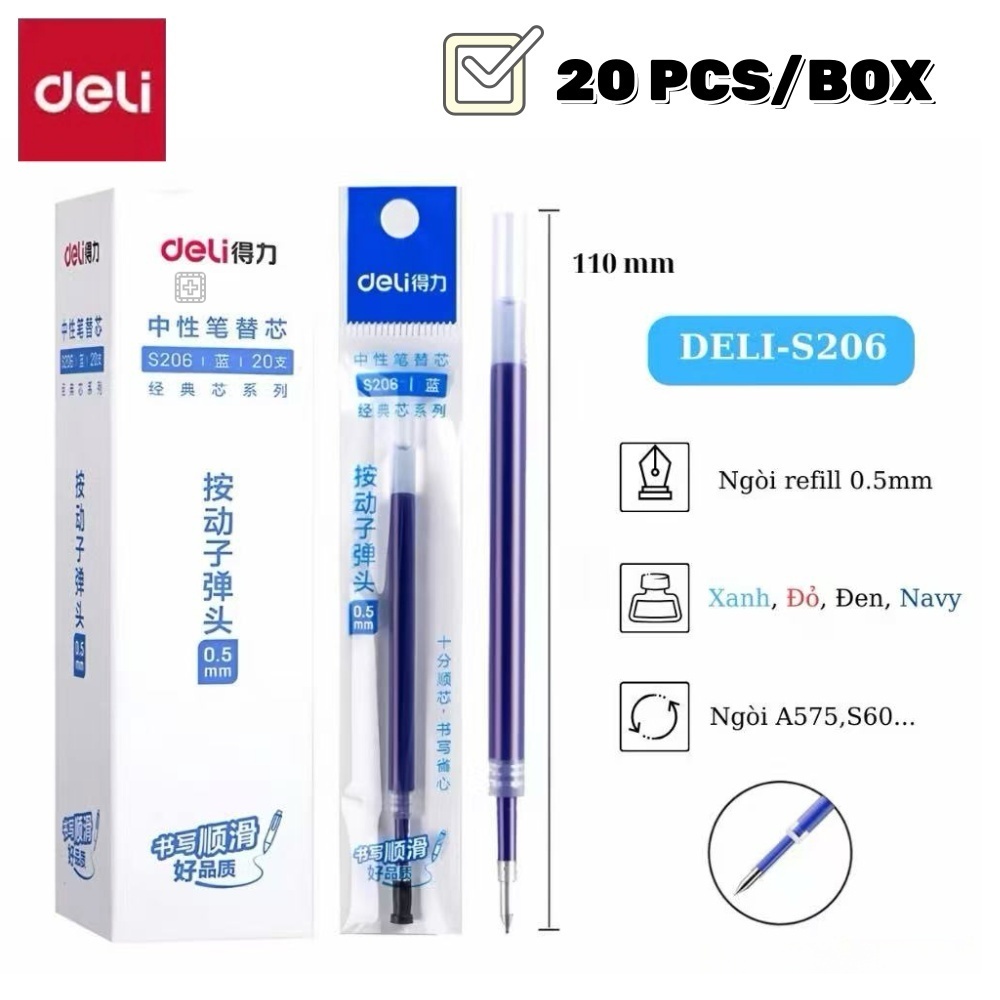 Combo 20 Deli Ruột bút gel Deli 0.5mm dùng cho bút bi nước lâu hết mực không gai mực trơn tru ngòi