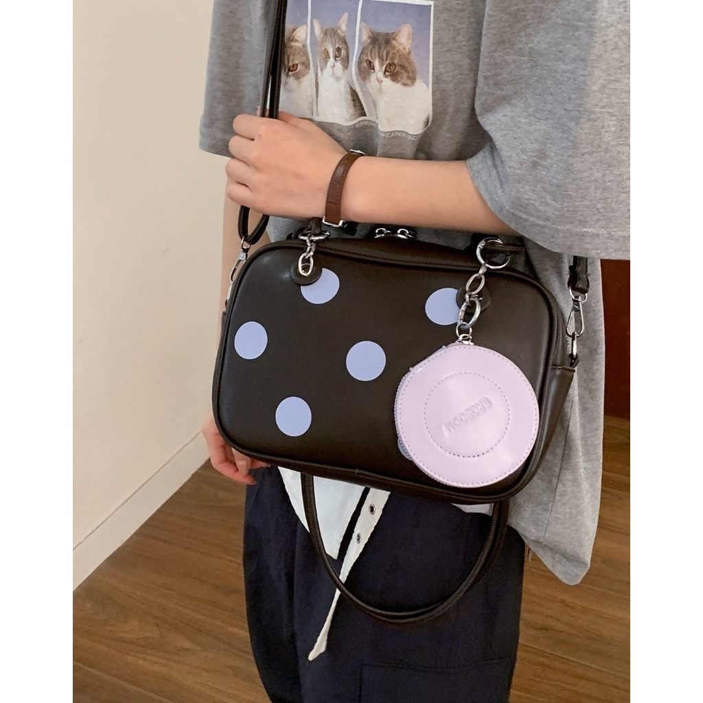 Cô Gái Sức Mạnh Cô Gái || Retro Chấm Bi Màu Tương Phản Túi Bowling Nữ Matte Matte Vai Sát Nách Cặp T