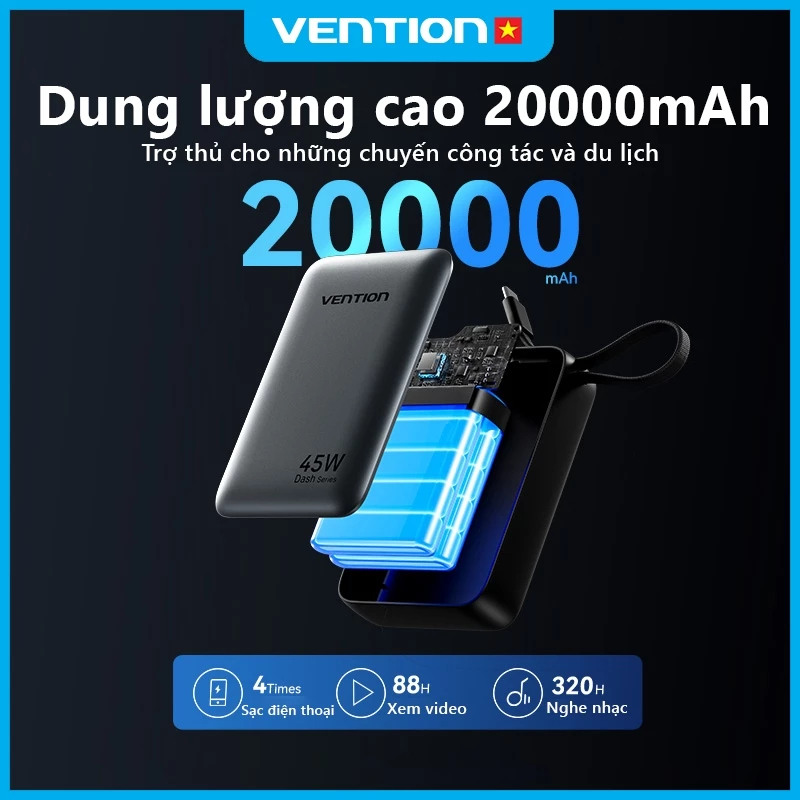 Vention Bộ Sạc Dự Phòng  20000mAh PD 45W | Sạc Nhanh Type-C PD Đa Năng | Cho iPhone 16 Pro Max & Samsung S24 Ultra | Bảo Hành Chính Hãng | BigBuy360 - bigbuy360.vn