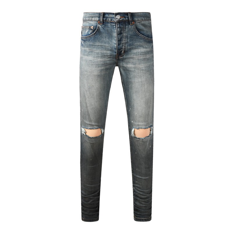 Purple fashionable men jeans blue slim fit elastic knee tear design high-quality men brand jeans