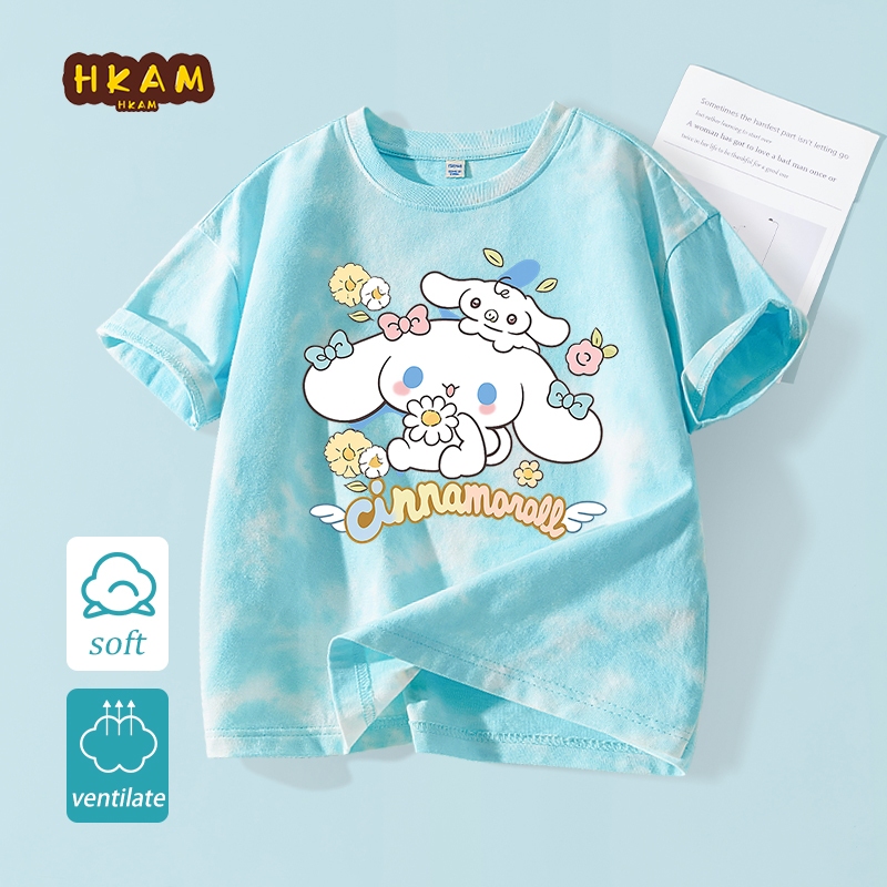 HKAM Áo thun bé gái 100% Cotton Tie-Dye Áo thun ngắn tay thời trang trẻ em, Áo thun in hình Cinnamoroll