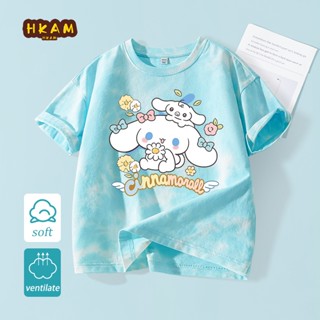 HKAM Áo thun bé gái 100% Cotton Tie-Dye Áo thun ngắn tay thời trang trẻ em, Áo thun in hình Cinnamoroll