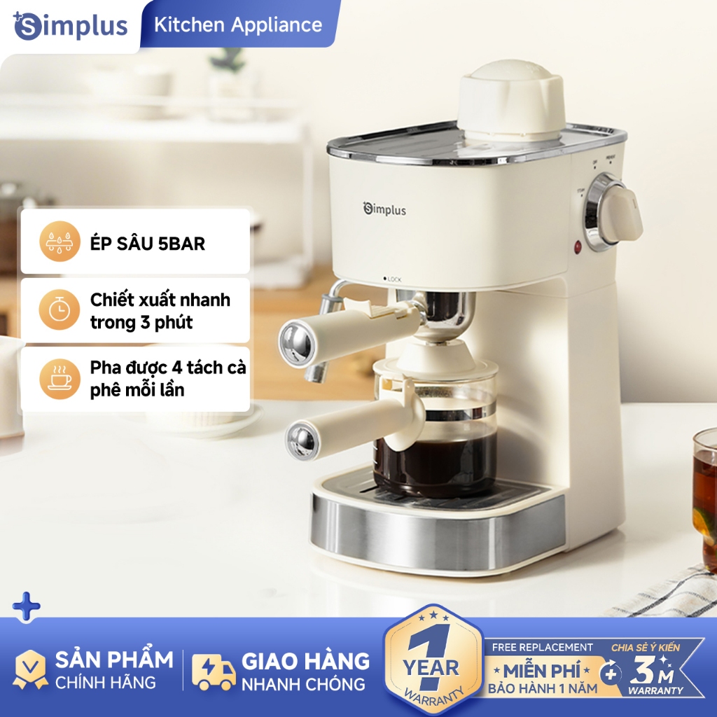 Simplus Máy pha cà phê  máy pha cà phê Ý nhỏ gọn bán tự động  áp suất 5 Bar  tay cầm 51mm   giữ nhiệt ổn định  tạo bọt sữa bằng hơi  thao tác đơn giản  bình nước 240ml  pha được latte và cappuccino KFJH021