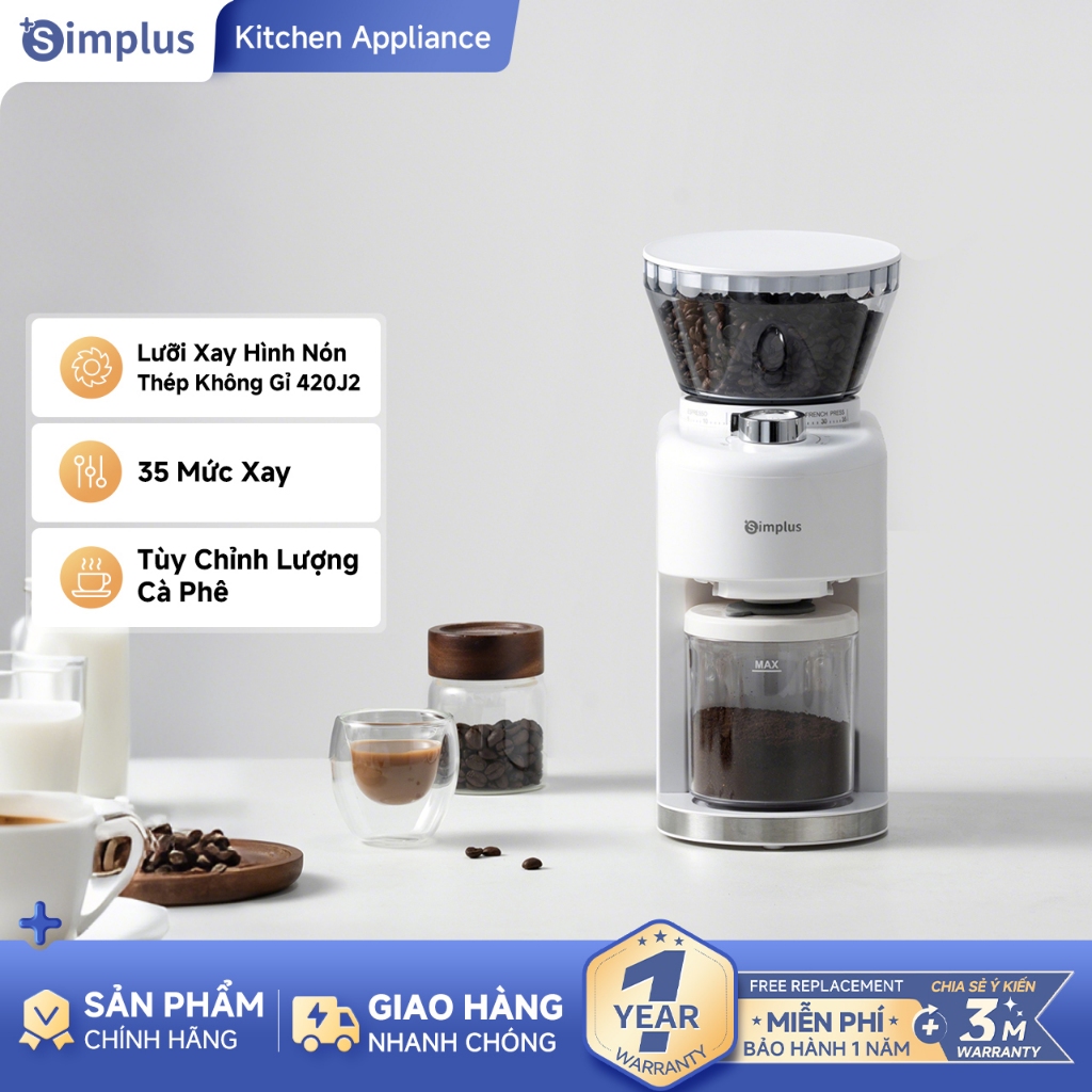 Simplus Máy Xay Cà Phê Điện Máy Xay Bột Thông Minh Gia Đình 35 Mức Độ Xay Từ Thô Đến Mịn Có thể Tùy Chỉnh Lượng Xay MDJH004 - Bảo Hành 1 Năm 1 Đổi 1