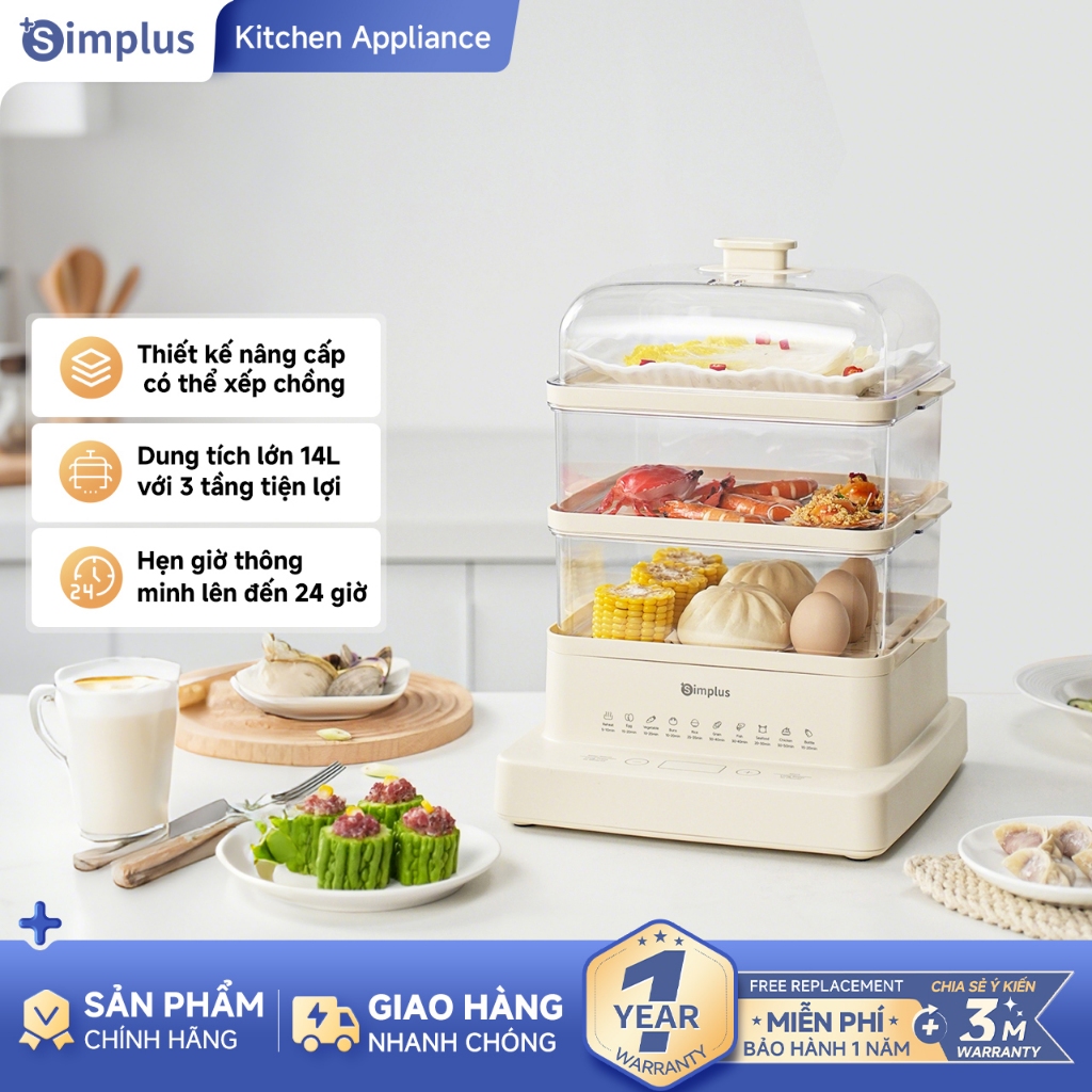 Simplus Nồi hấp điện  Đa năng 3 tầng lắp ráp linh hoạt  Dung tích lớn 14L  Hấp trứng, cá, bánh ngọt  DZEG003