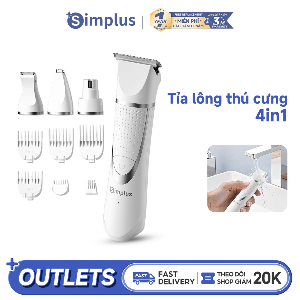 Simplus Máy Cắt Tỉa Lông Thú Cưng 4IN1 Đầu Mài Móng Kéo Cong Tỉa Lông Chân Chống Kẹt Lông Êm Nhẹ Ít 