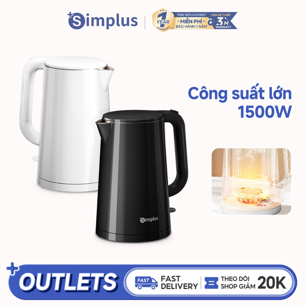 Simplus Ấm Đun Nước Dung Tích 1.7L Công Suất 1500W 2 Lớp Chống Bỏng DRSH007 - Bảo Hành 12 Tháng