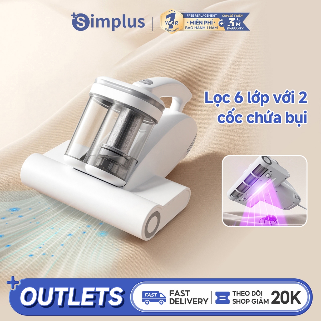 Simplus  Máy hút bụi giường nệm Thiết kế 2 cốc chứa bụi  Tia UV diệt khuẩn  Tốc độ đập 96,000 vòng/phút  Lực hút mạnh 18000pa Sấy khô bằng gió nóng  Bộ lọc HEPA F9 cao cấp Tích hợp hương thơm CMYH007