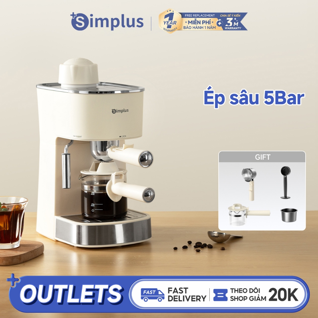 Simplus Máy pha cà phê máy pha cà phê Ý nhỏ gọn bán tự động, áp suất 5 Bar, tay cầm 51mm, giữ nhiệt ổn định, tạo bọt sữa bằng hơi, thao tác đơn giản, bình nước 240ml, pha được latte và cappuccino.KFJH021