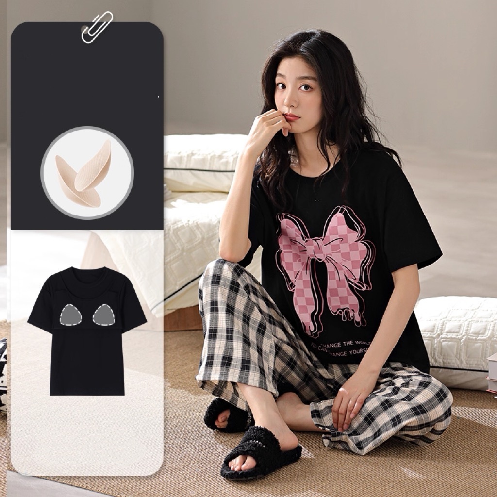 【Áo ngực liền】Bộ mặc nhà mùa hè cao cấp - Áo ngắn tay quần dài có đệm ngực, mỏng nhẹ, thời trang khí