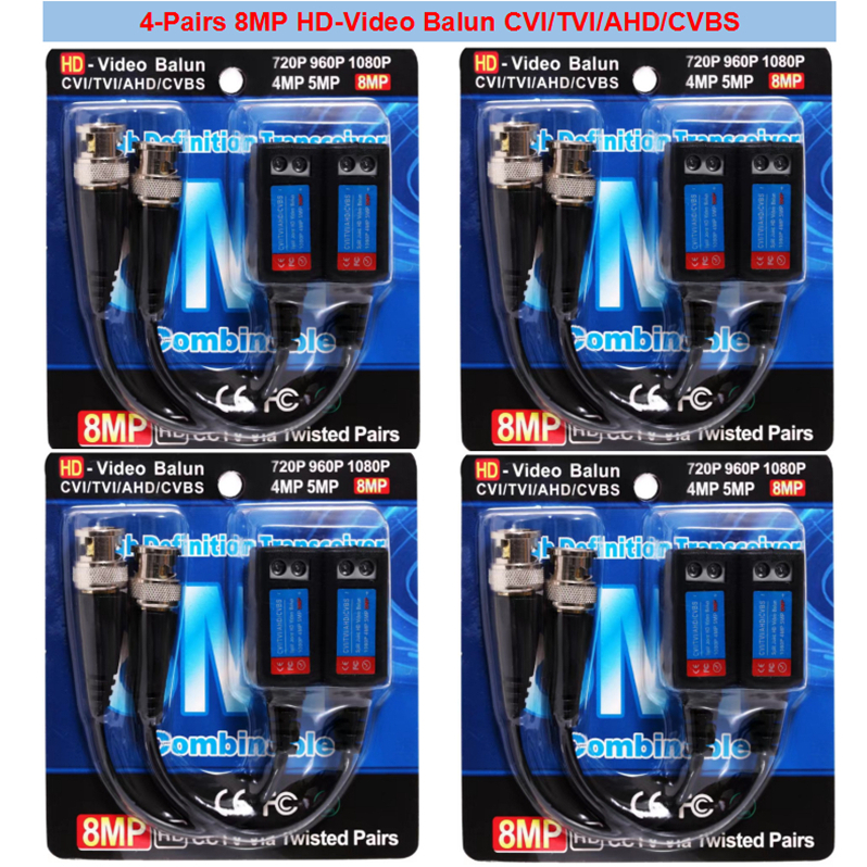 4 Cặp 8MP HD-Video Balun CVI / TVI / AHD / CVBS CCTV Video Balun 2mp 5mp 8mp Bộ phát cặp xoắn