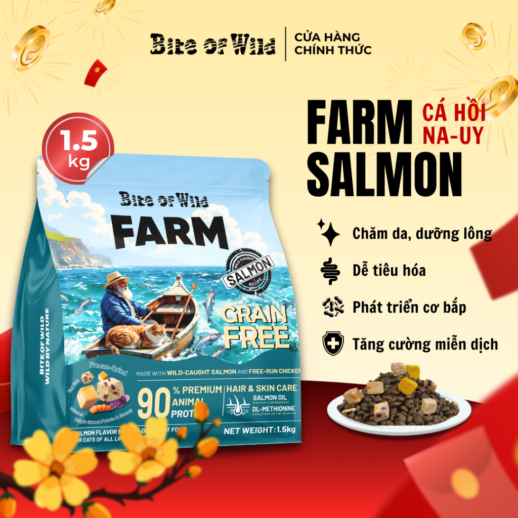 Hạt Mèo Bite Of Wild Farm Cá Hồi Gói 1.5KG, 90% Cá Ngừ Na Uy, Hỗ Trợ Tiêu Hóa, Chăm Da, Dưỡng Lông