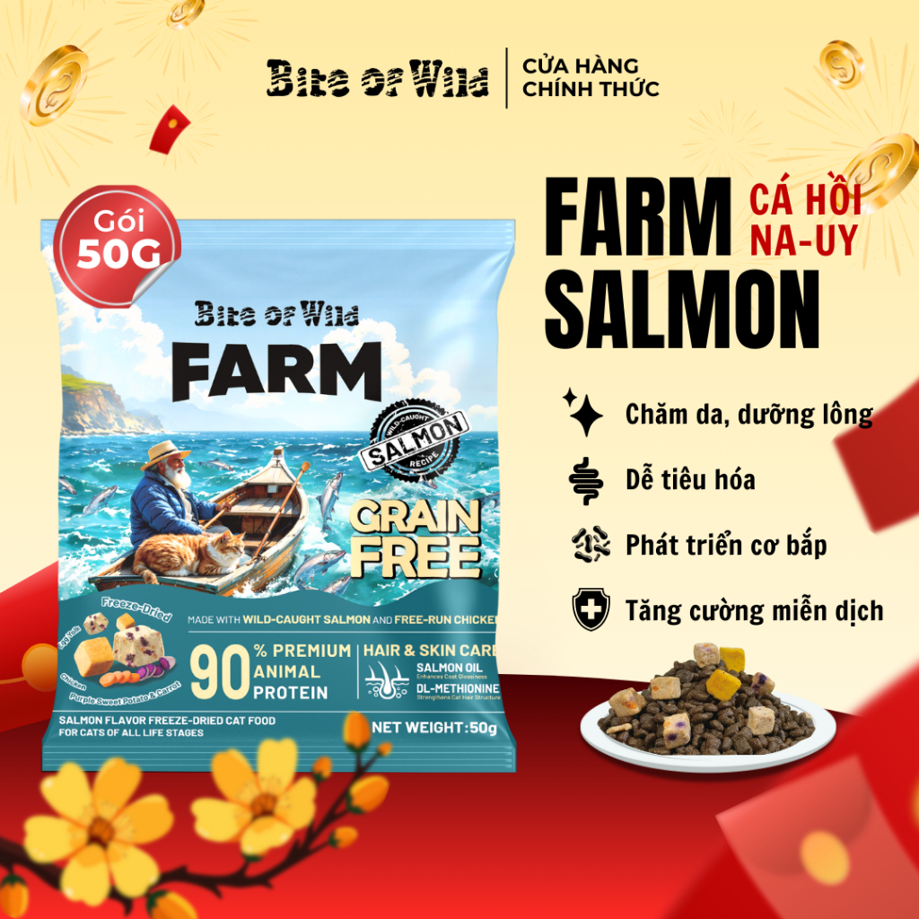 Hạt Mèo Bite Of Wild Farm Cá Hồi Combo 1, 2, 3 Gói 50g , 90% Cá Ngừ, Hỗ Trợ Tiêu Hóa, Chăm Da & Lông