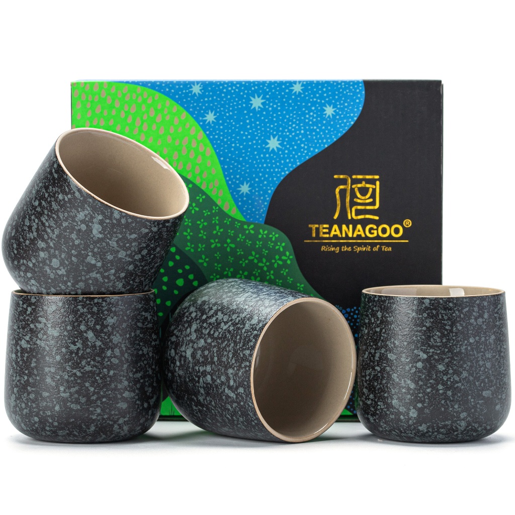 TEANAGOO Ceramic Japanese Tea Cup, 205 ml, Charcoal Grey,4 Pieces/Box,Asian Tea Cups without Handle
