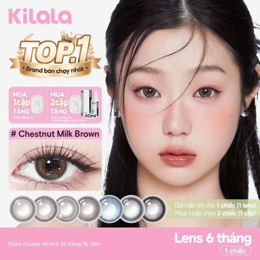 Kính áp tròng Kilala màu nâu Chestnut Milk Brown/White Peach Brown/Lychee Grey lens cận 6 tháng DIA 