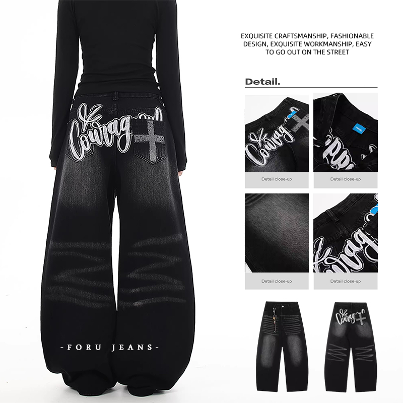 FORU Quần Đen Nam Harajuku Quần Thêu Quần Jean Baggy Quần Nam Dạo Phố Quần Denim Quần Y2K Quần Baggy