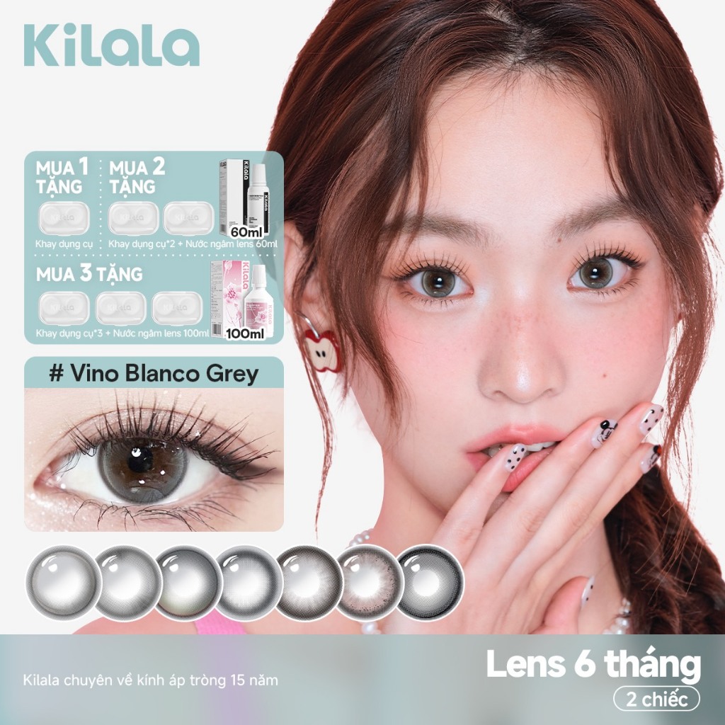 Kính áp tròng Kilala màu đen Vino Blanco Grey/Savage Gene Grey/FireworksPink cận 6 tháng DIA 14.2mm 