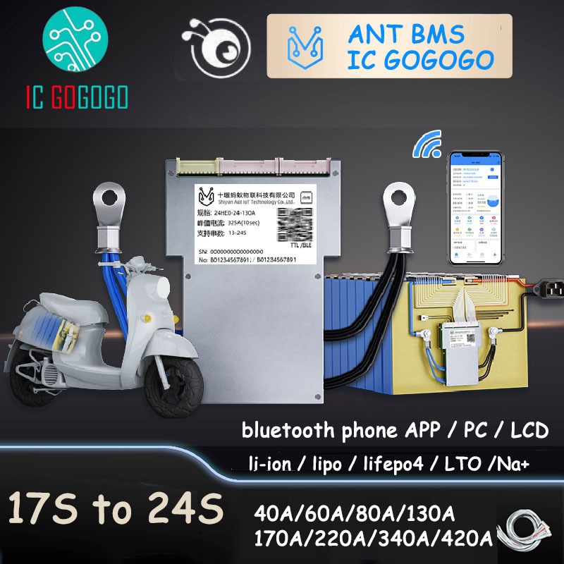 17S đến 24S ANT BMS 40A 100A 130A 220A 340A 420A Lithium thông minh Lipo Lifepo4 LTO Na Bảng bảo vệ 